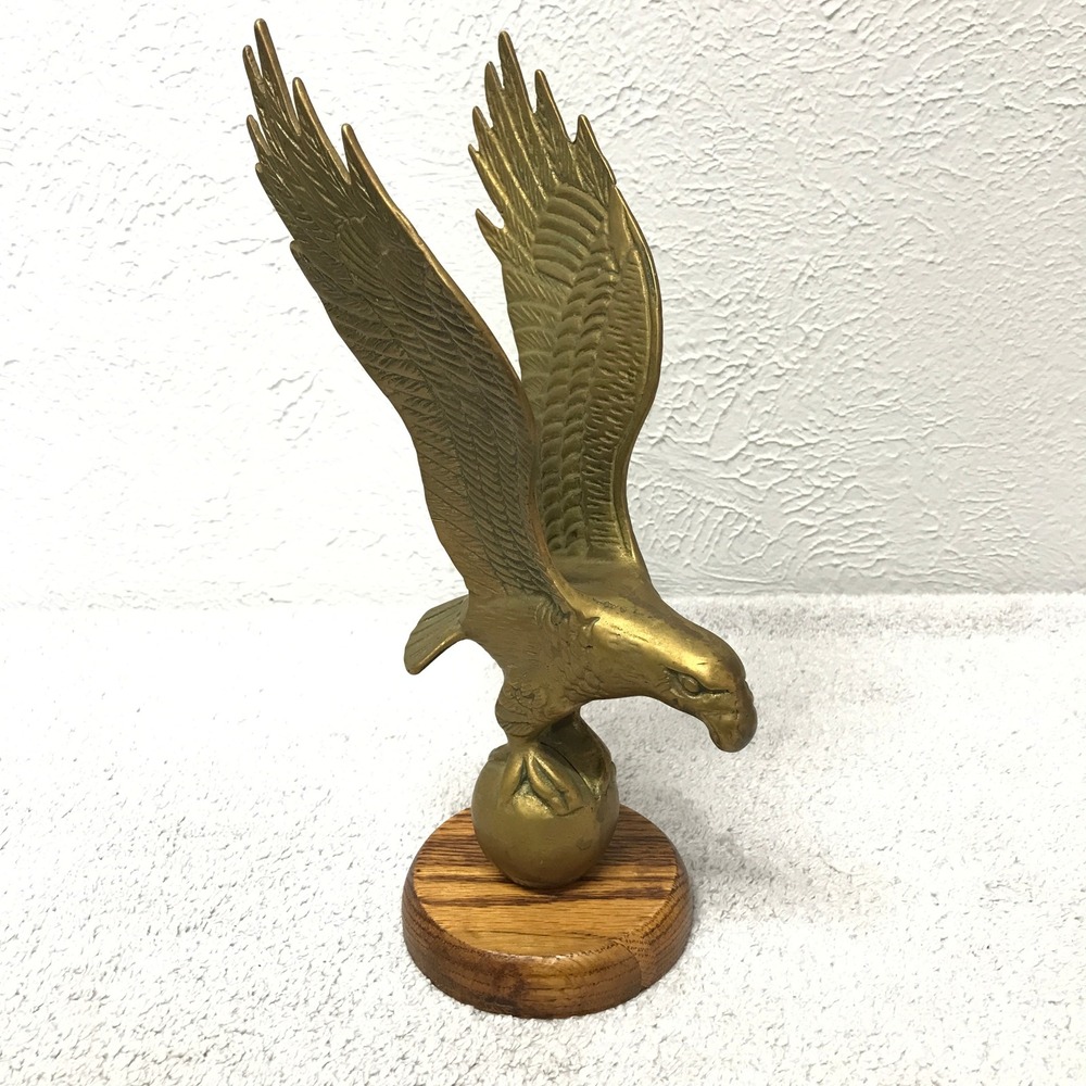 Vintage Solid Brass Eagle on Globe Figurine Statue Wood Base Americana Decor 11"